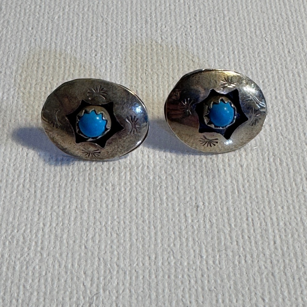 Turquoise Sterling Silver Stud Earrings Women OS Blue Concho Boho Tribal Navajo